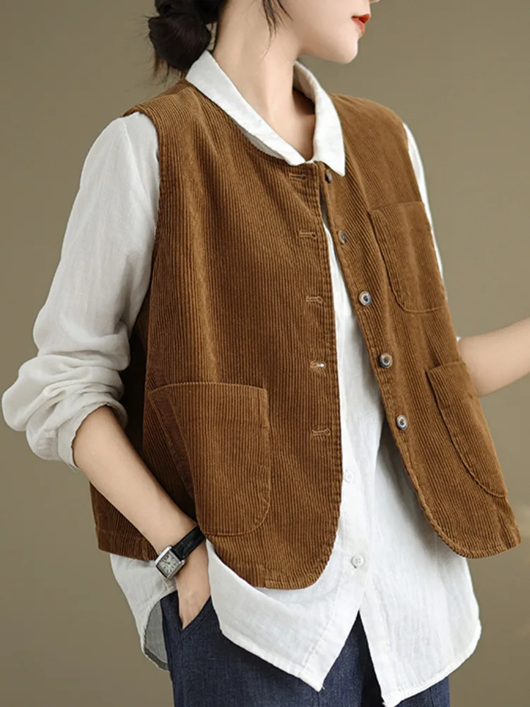 #5129 Vintage Corduroy Vest Women Single Breasted Short Vest Waistcoat Ladies O-Neck Loose Pockets Sleeveless Jacket Autumn 2024