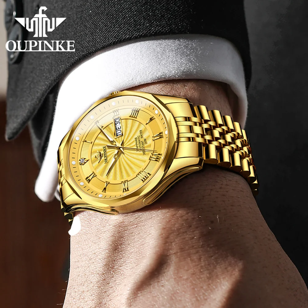 OUPINKE 3207 Real Diamond Mechanical Watch For Men Top Brand Waterproof Automatic Wristwatch Dual Calendar Luxury Man Watches