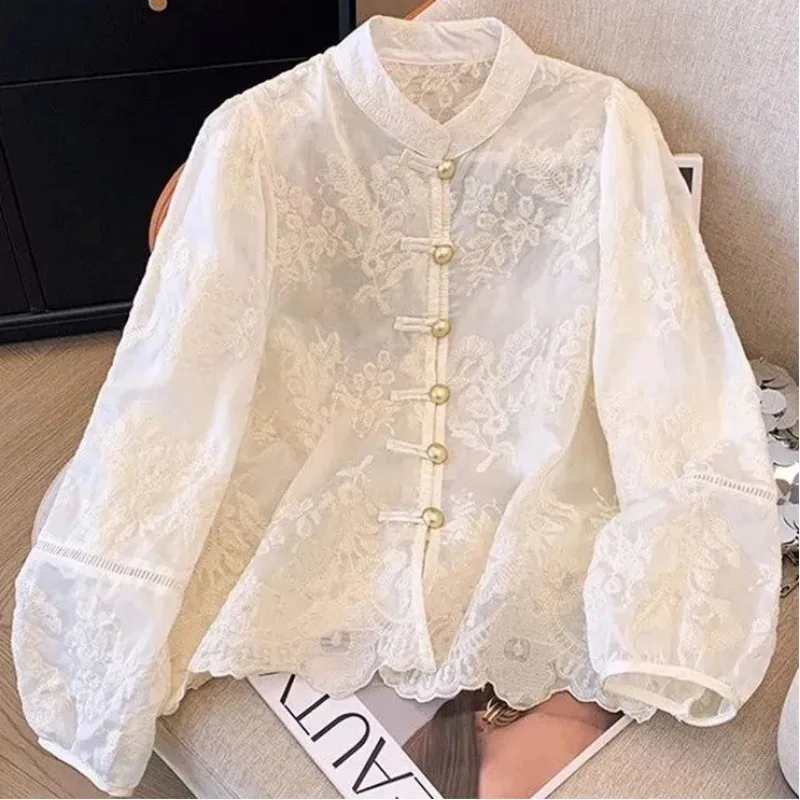 

Женская рубашка в китайском ретро-стиле для защиты от солнца, французский шик, национальная мода, универсальный приталенный базовый топ