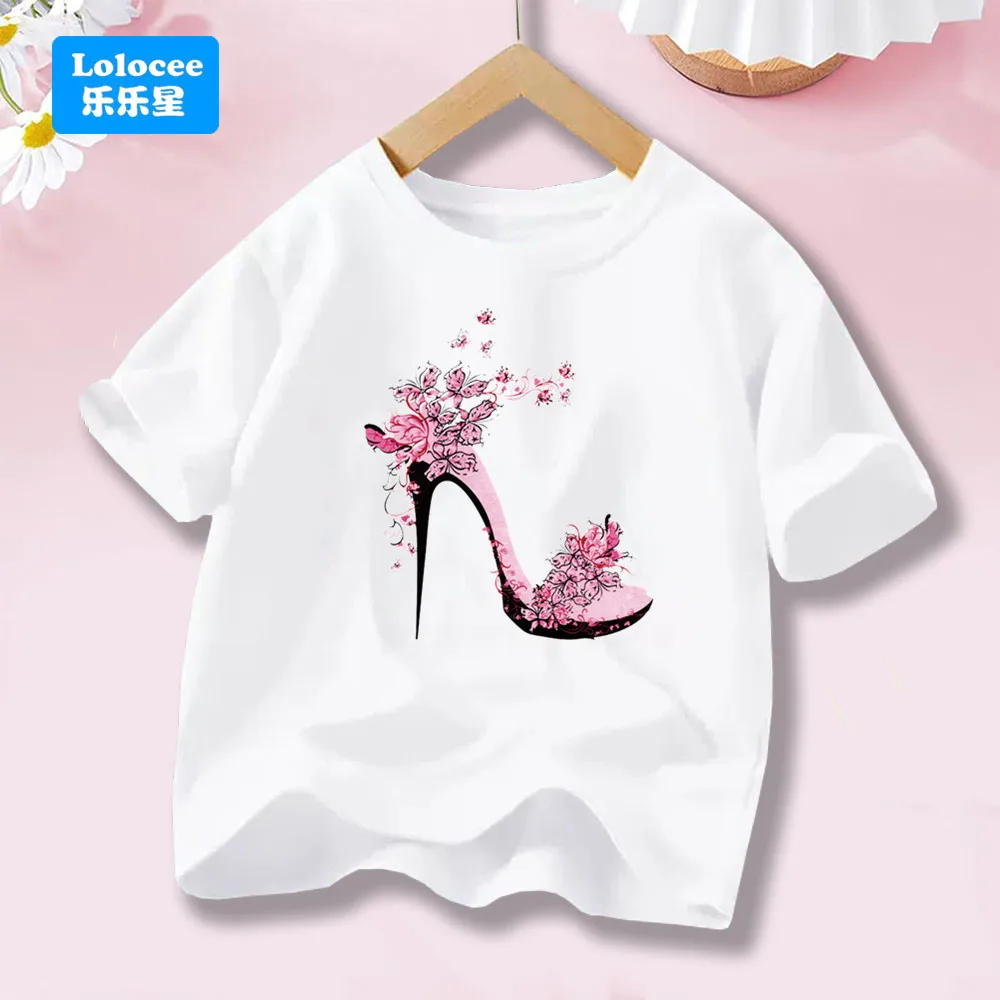 Schmetterling Floral High Heels Print T Shirt Mädchen Trendy Hipster Kawaii Kurzen Ärmeln Tops T Shirt Kinder Sommer Kleidung GGX1