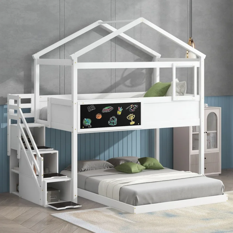 Twin over Full House Bunk Bed with Storage Staircase and Blackboard White Old SKU: GX001701AAK