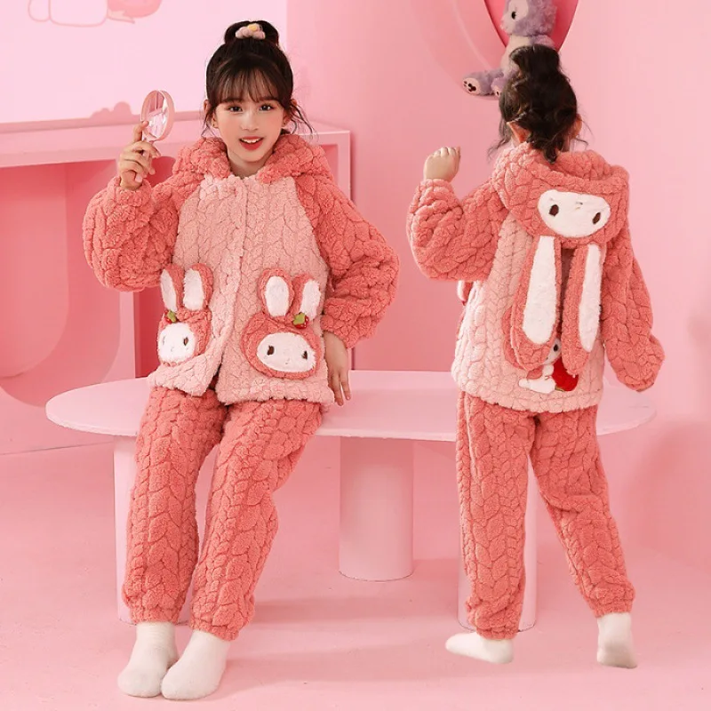 Sanrio Cartoon Pochaccos kuromis Children\'s Flannel Pajamas Fall/Winter Girls\' Coral Velvet Thickened Warm Girls\' Home Wear