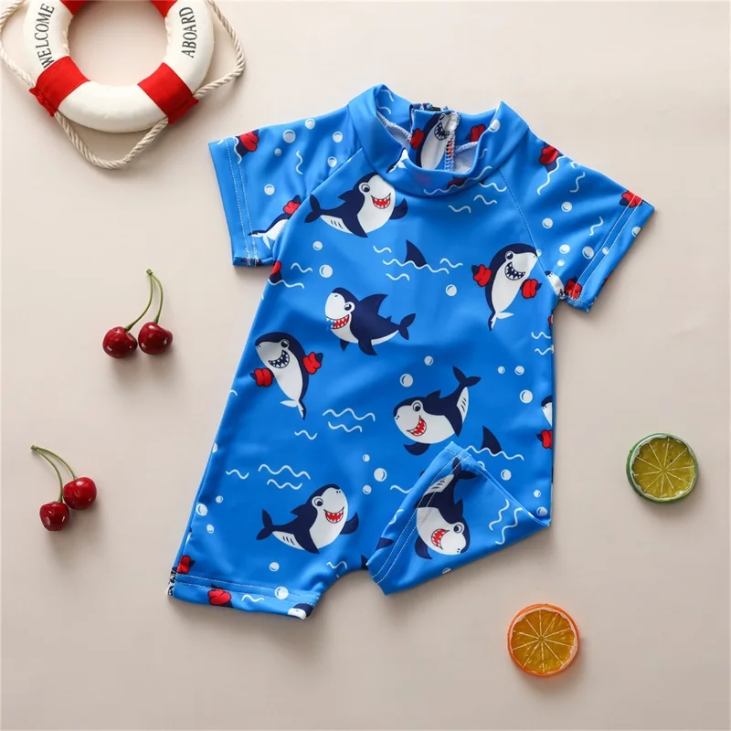 Infant Kids Boys Summer Swimsuit Shark Printed Short Sleeve Bathing Suit Zipper Jumpsuit Swimwear Beachwear