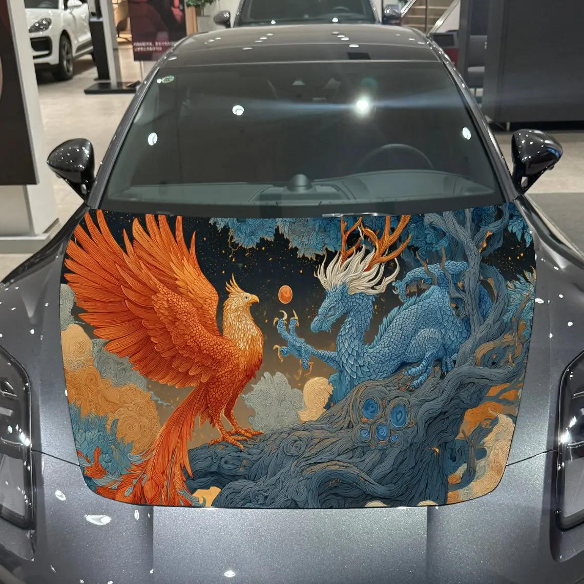 

Phoenix Blue Dragon Auspicious PVC Car Hood Wraps, Self-Adhesive Waterproof Car Bonnet Decal Sticker, Car Decoration Protection