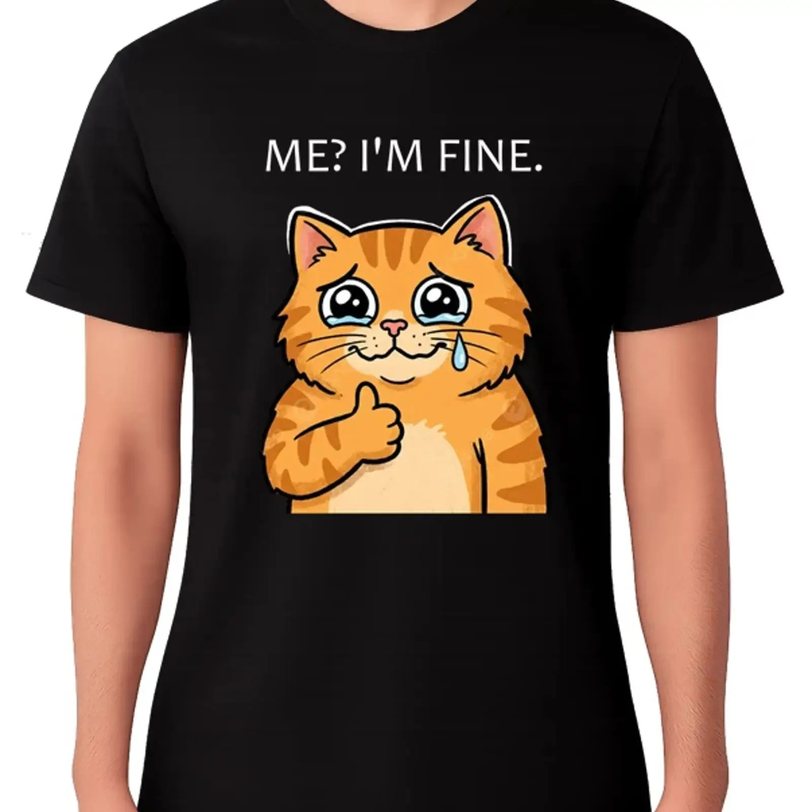 Футболка Ich T Shirt I'm Fine Crying Cat: Винтажный мем с плачущей кошкой, стильная уличная одежда, эластичная, дышащая, комфортная.