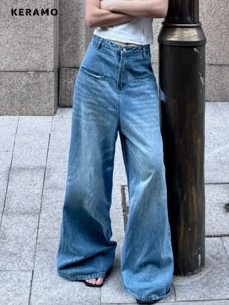 

Women's Washed Vintage Casual Pants Female High Street Retro High Waist Trashy Jean Y2K Baggy Light Blue 2000s Denim Trouser