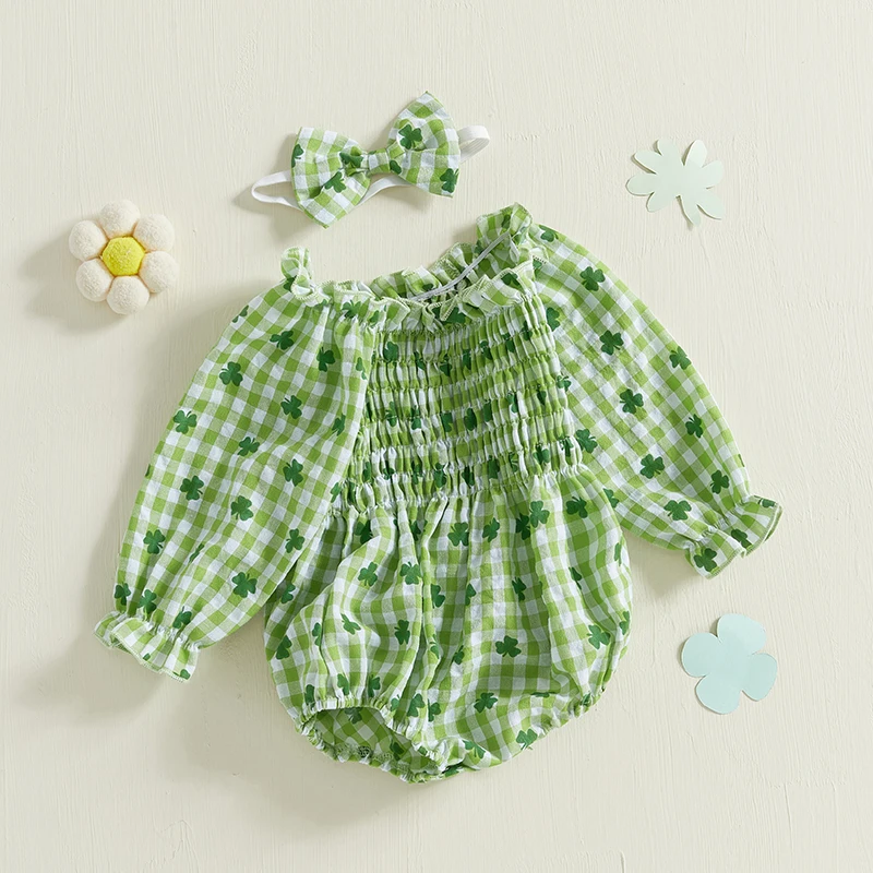 Newborn Clothes Baby Girls Romper Clover Print Plaid Ruffled Trim Long Sleeve Smocked Jumpsuits Bow Headband Outfits