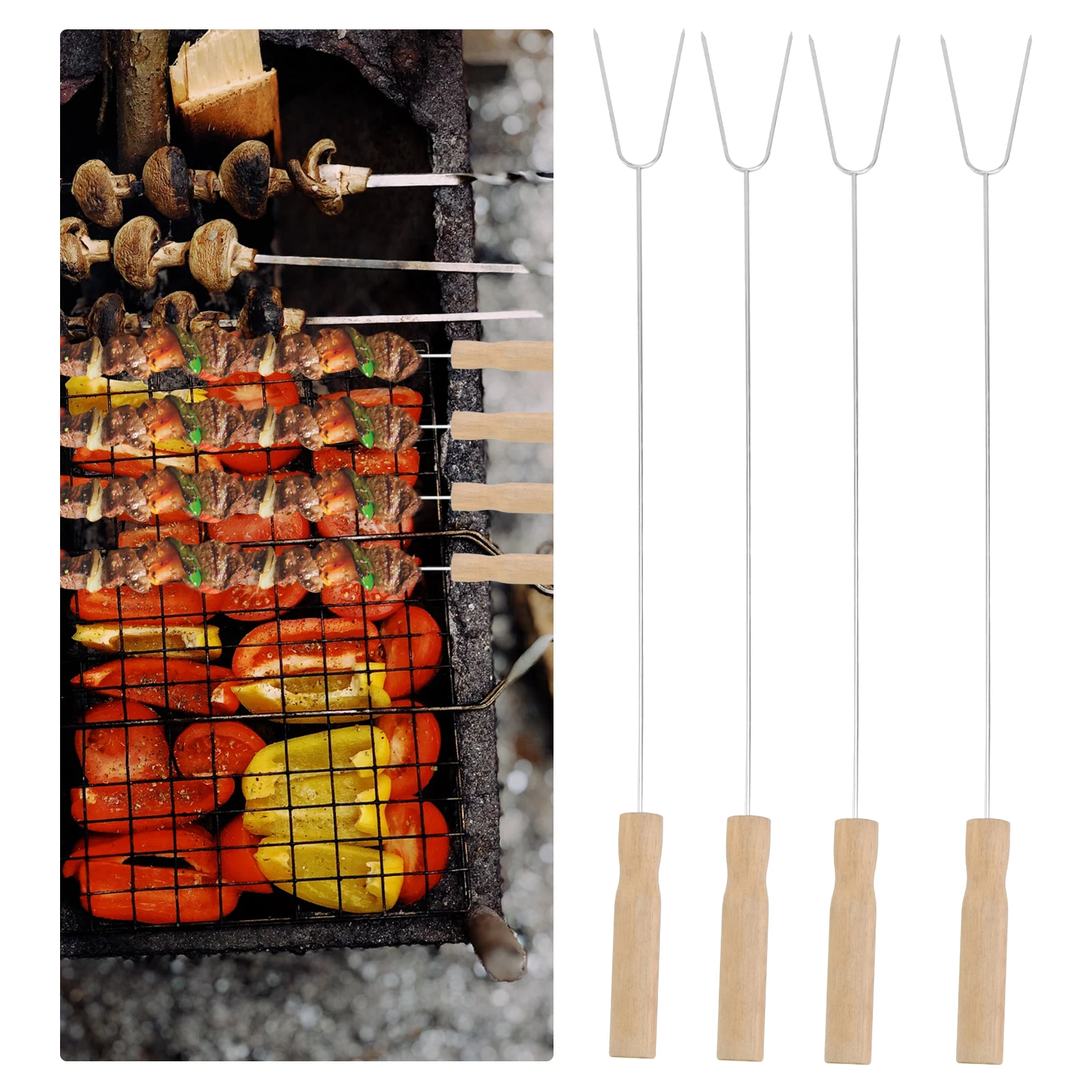 

15Pcs Barbecue Fork Wooden Handle Stainless Steel Roasting Fork Food Clamp Heat Resistant Grill Tool Set Barbecue Stick