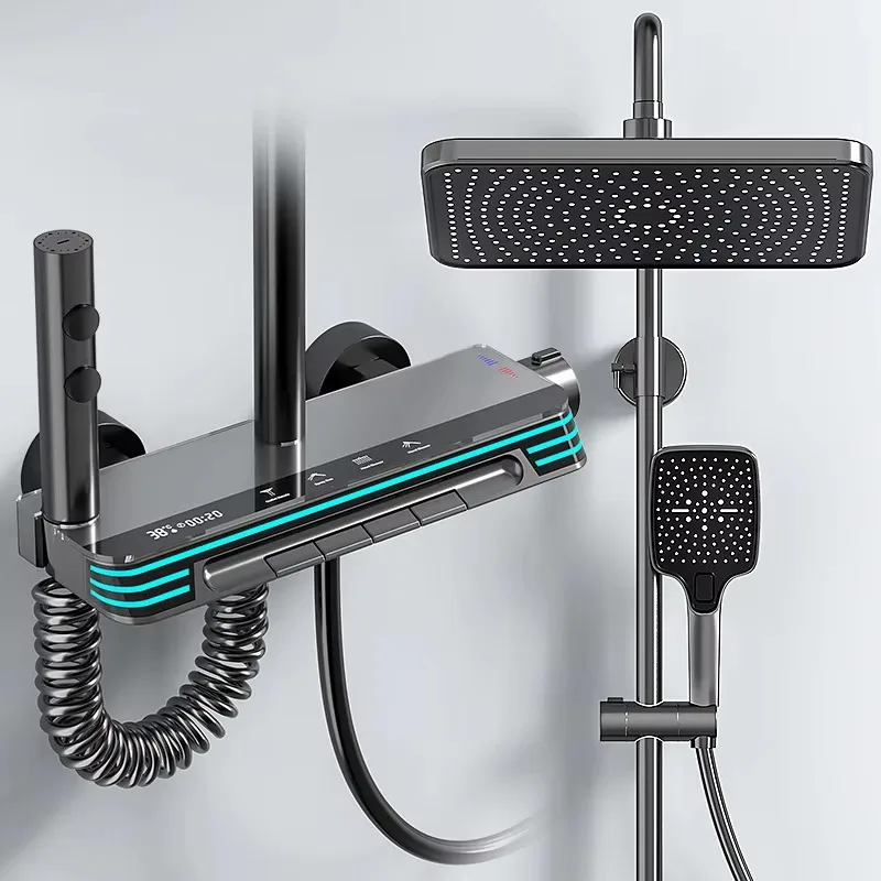 

【Best-selling】OKIE Brass LED Shower Mixer Set Digital Display Rainfall System 4 Functions Contemporary Bathroom Faucet Shower S