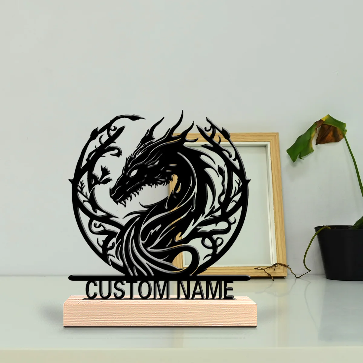 1pc Cartoon Personalized Custom Mysterious Dragon Metal Statues Nature-Inspired Wooden Base Decor for Office Living Room Zen