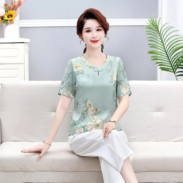 Women\'s Casual  Print Simple Loose Round Neck Button Shirt Summer Short sleeve Elegant Chiffon Fashion Women Blouses Tops