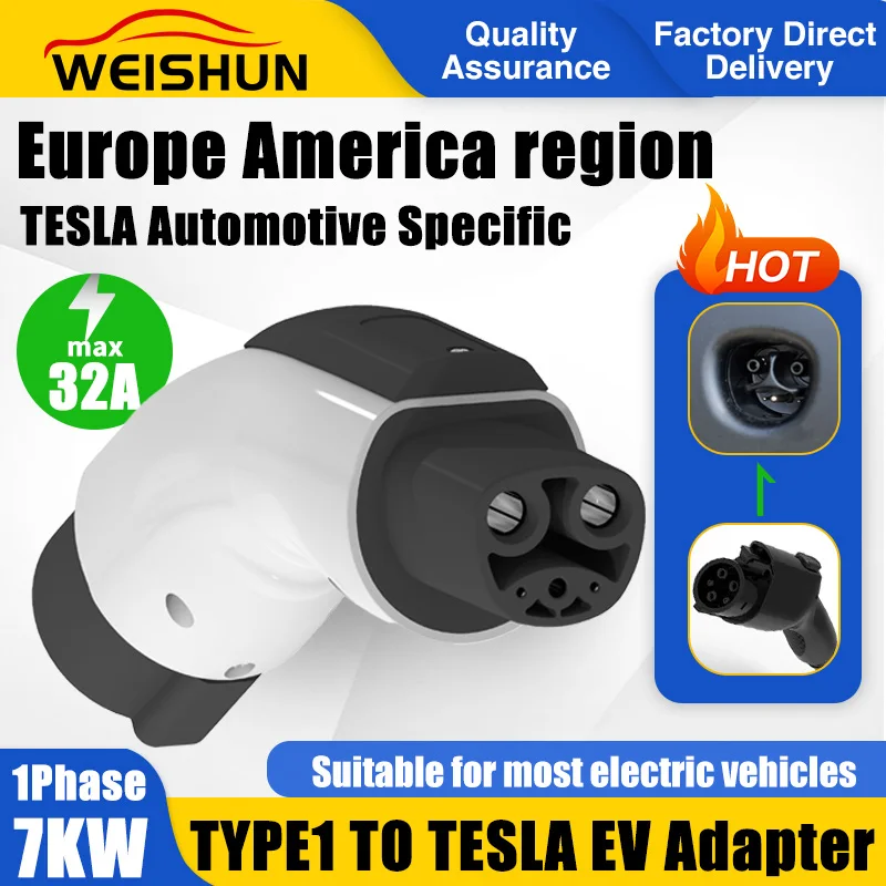 Type1 for Tesla EV Adapter 32A SAE J1772 to Nacs Charger Connector 7KW Compatible with Tesla Model S/X/3/Y Electric Vehicle