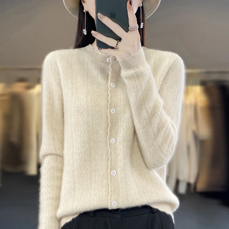 2024 Spring Autumn Winter New 100% Merino Wool Crewneck Sweater Cardigan Women\'s Fashion Jacquard Knit Cardigan Wave Edge Top