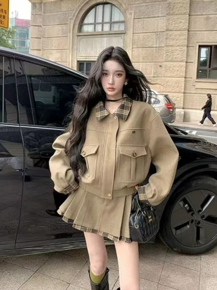

Sweet Preppy Style 2-Piece Set Women Vintage Plaid Doll Collar Coat + High-Waist Pleated Mini Female Elegant Fashion Skirt Set