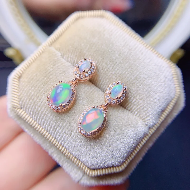 YULEM Oval Natrual Opal Stone Stud Earrings for Women Dainty Classic 4 Claws Natural Fire Opal Stone Students Earrings