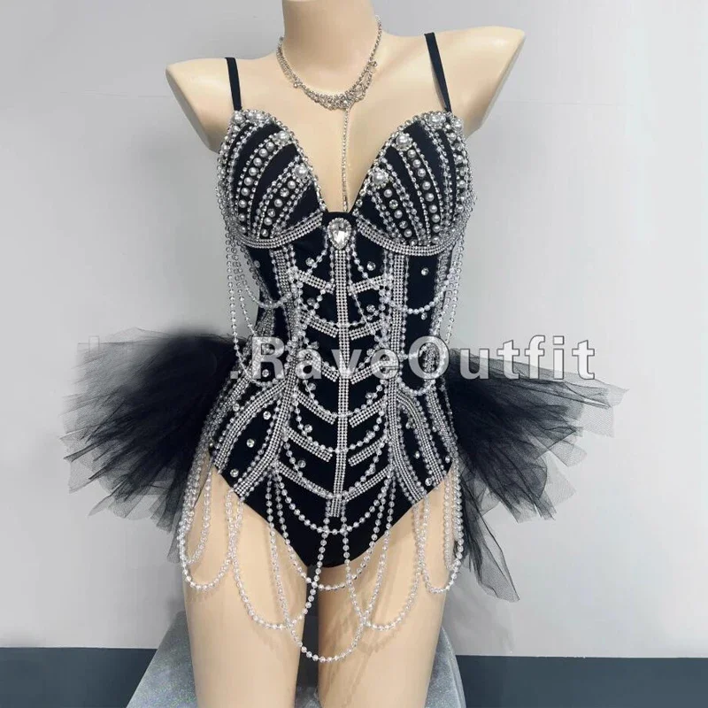 Боди со стразами и жемчугом, кружевной комбинезон, женский вечерний костюм для танцев Gogo, сексуальный костюм для танца на пилоне, фестивальный костюм, сценическая одежда для рейва