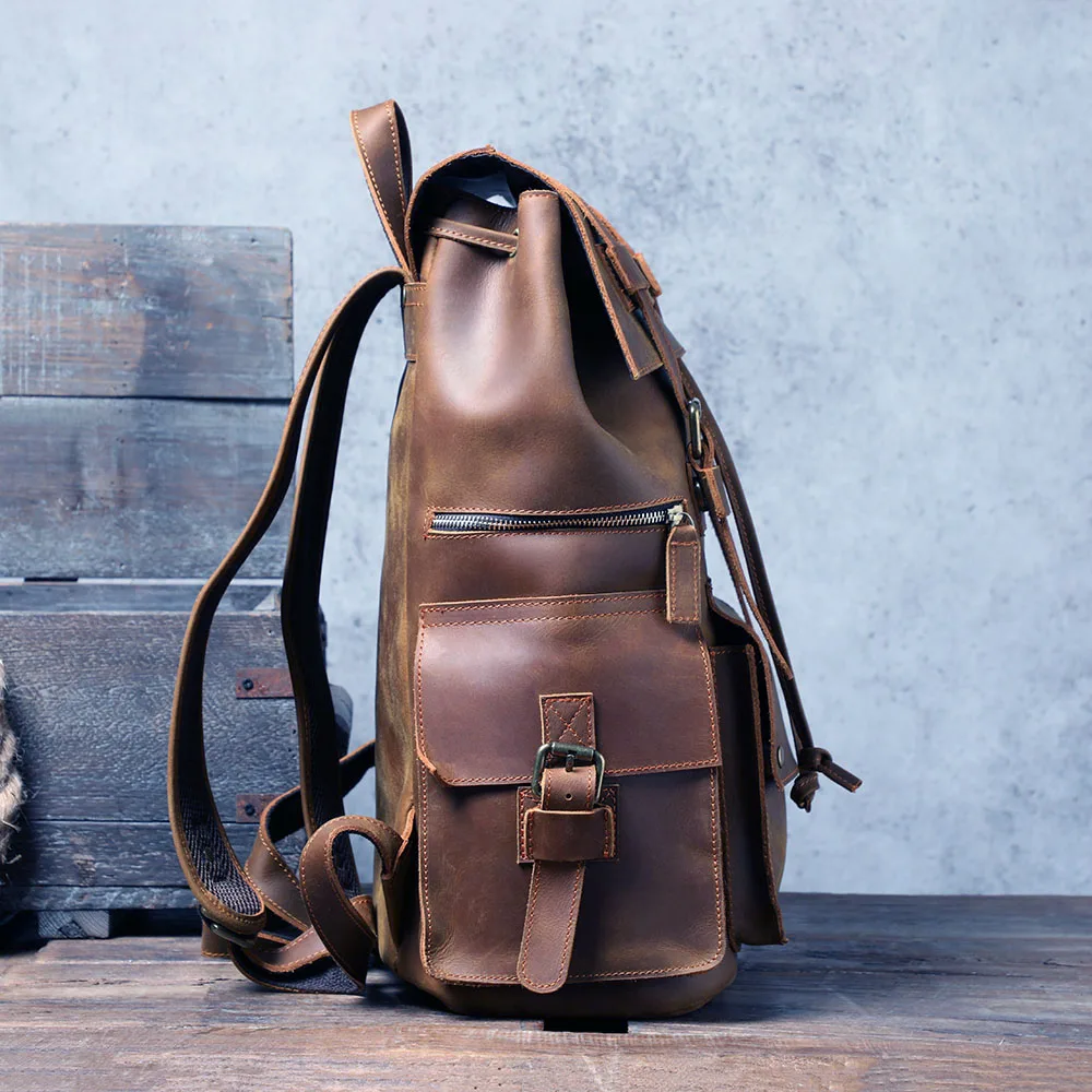 Vintage Crazy Horse Genuine Leather Backpack Men Large Travel Backpack 15.6~17\