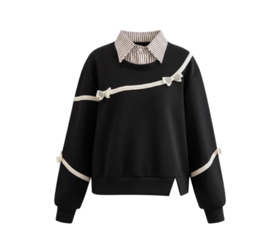 เสื้อสเวตเตอร์ผู้หญิงไซส์ใหญ่ สไตล์หวาน แต่งโบว์ ดูเหมือนสองชิ้น แฟชั่นอเนกประสงค์ ทรงหลวม แขนยาว ช่วยลดอายุ สีดำ เหมาะสำหรับฤดูใบไม้ร่วงและฤดูหนาว