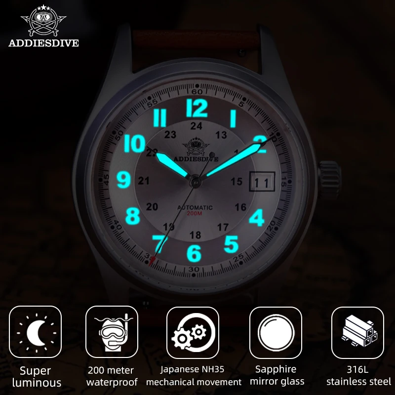 ADDIESDIVE AD2048 TOP Men's Watch 200M Water Resistant Leather Strap Sapphire Crystal BGW9 Luminous 39mm NH35 Automatic Watches