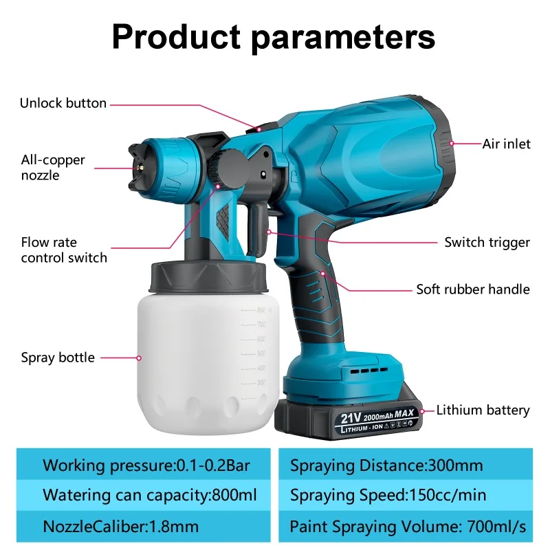 

800ML Cordless Electric Spray Gun Portable Household Paint Sprayer Auto Furniture Steel Coating Airbrush For Makita 18V Battery