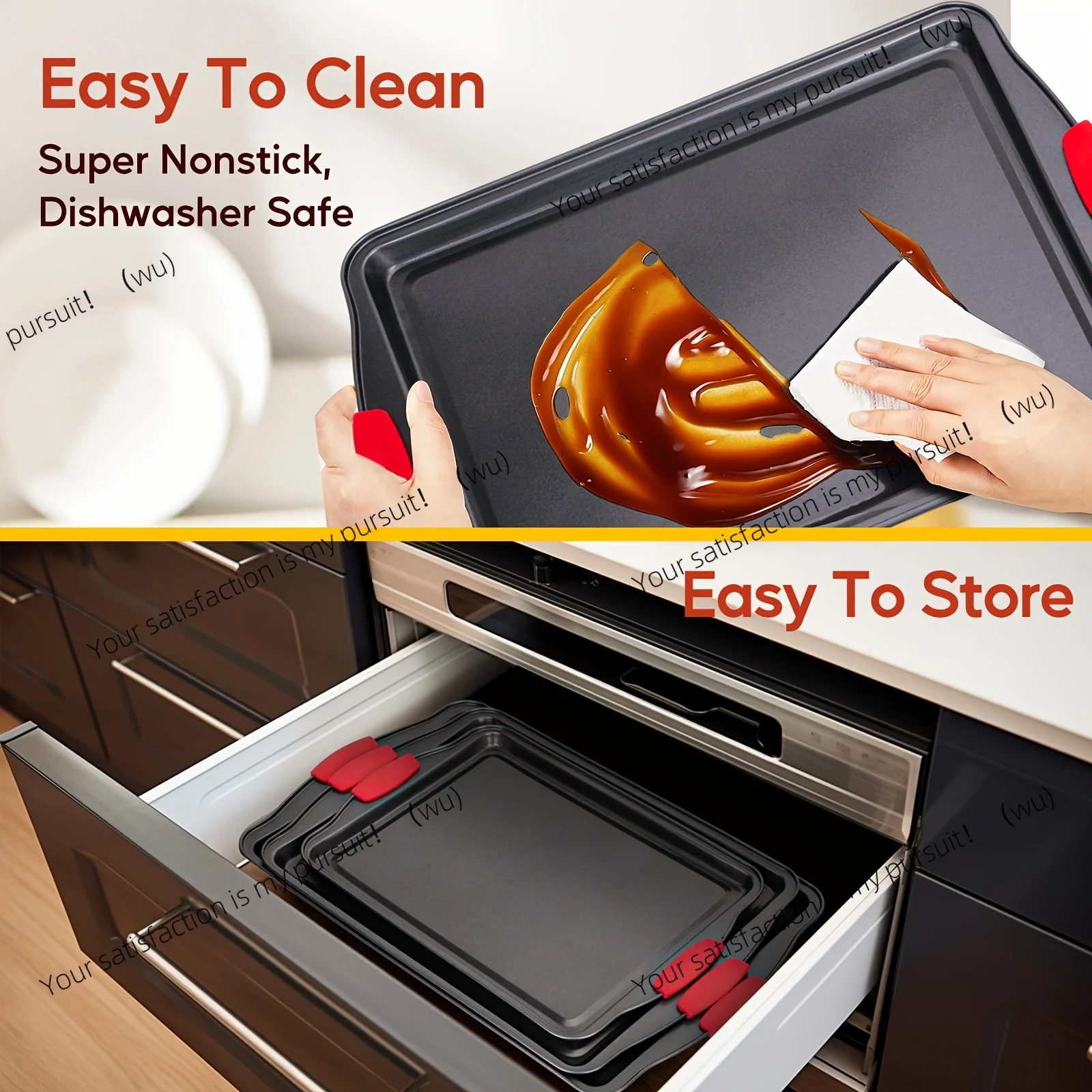 Set of 3 carbon steel non-stick kitchen oven baking pans, luxurious and stylish, both inside and outside are non-stick.