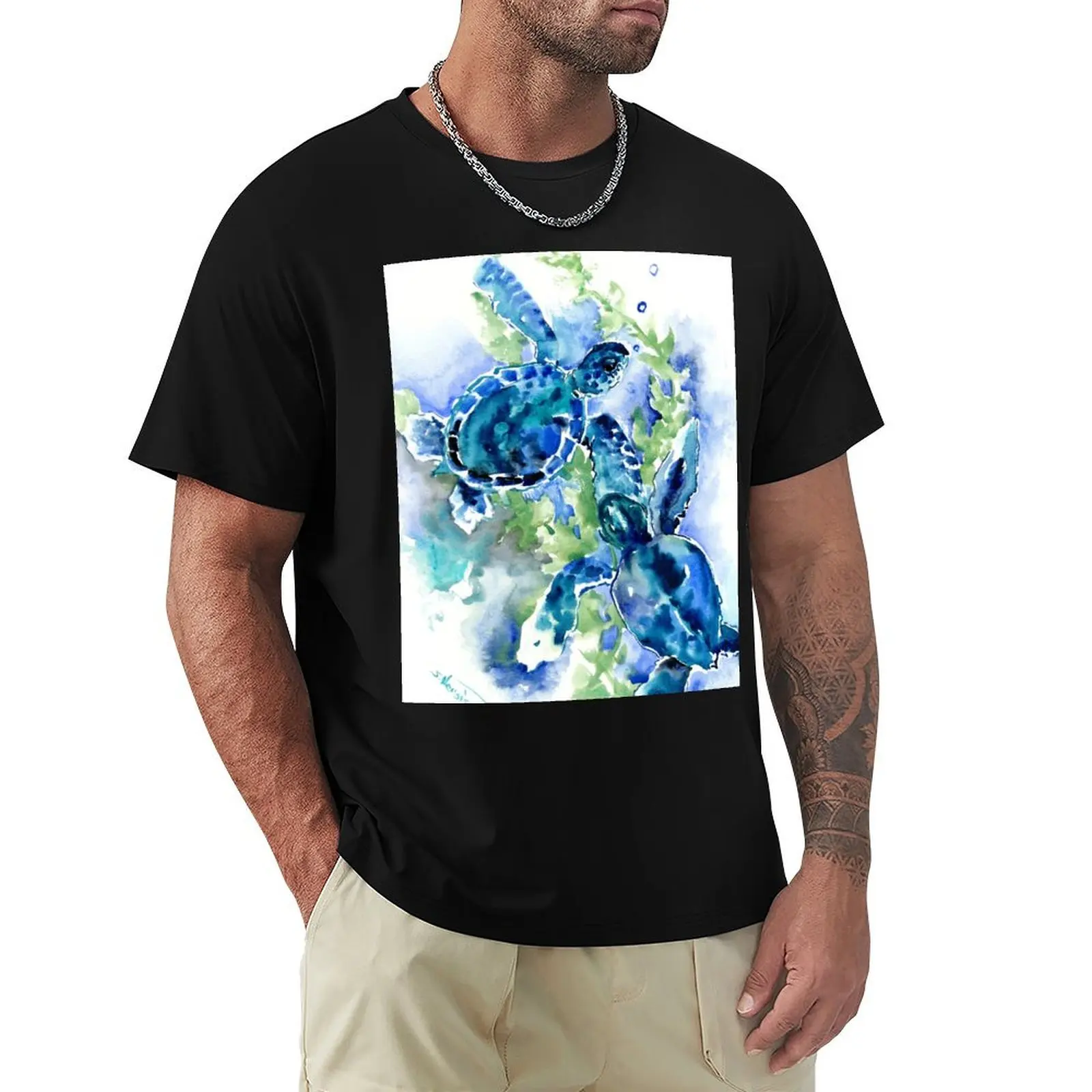 

Sea Turtles Turquoise BLue design T-Shirt Basic Solid Tee for Daily Use