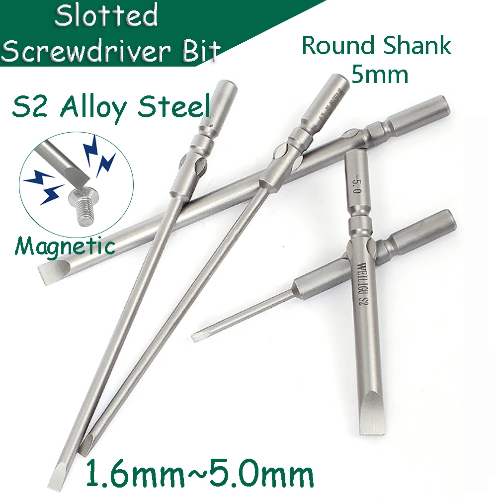 

5pcs/6pcs Slotted Screwdriver Bit Flat Head Bit 1.5mm ~ 5mm Magnetic 5mm Round Shank S2 Steel 60/100mm Length Driller Bit