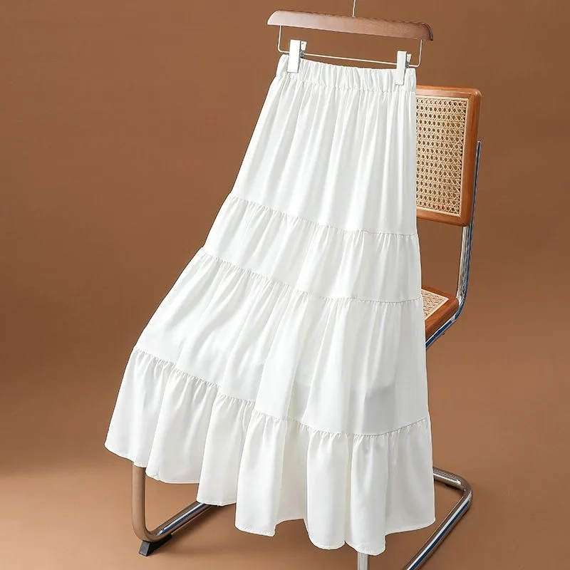 

Spring Summer Women Chiffon Skirts Vintage High Waist Elastic Patchwork White Black Chic Long Cake A-line Skirt for Student