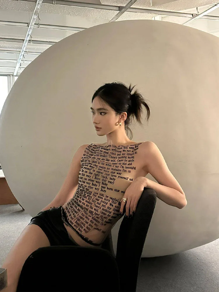 American letter printed mesh T-shirt sleeveless vest women's summer chiffon base shirt transparent slim fit spicy girl top