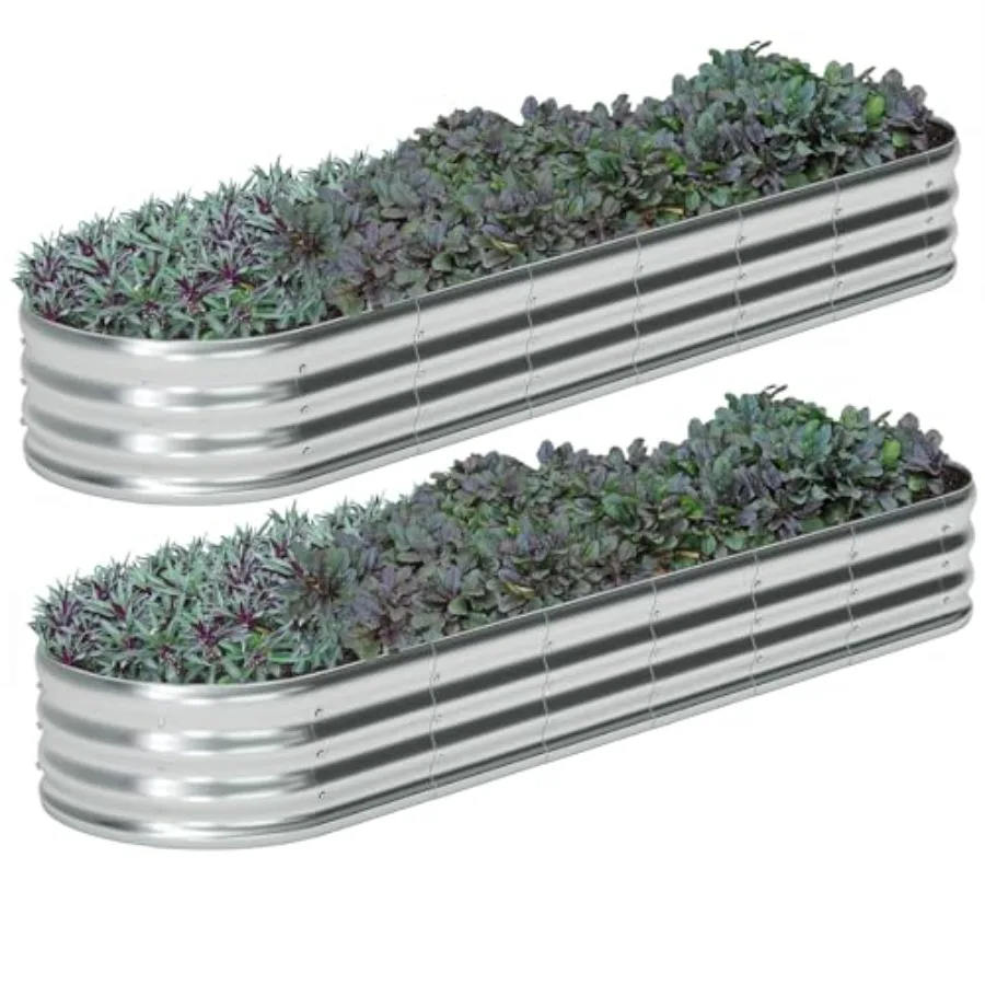 

Комплект из 2 овальных оцинкованных приподнятых грядок 8x2x1 фут, большой металлический ящик-клумба для овощей на открытом воздухе, серебристый