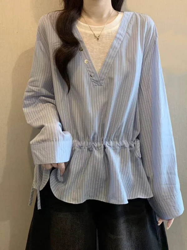 

Blue Striped Slim Fit Shoulder Women's Shirt Spring Summer New Style plus Size Fat MM Waist Inward Top Thin Korean Version