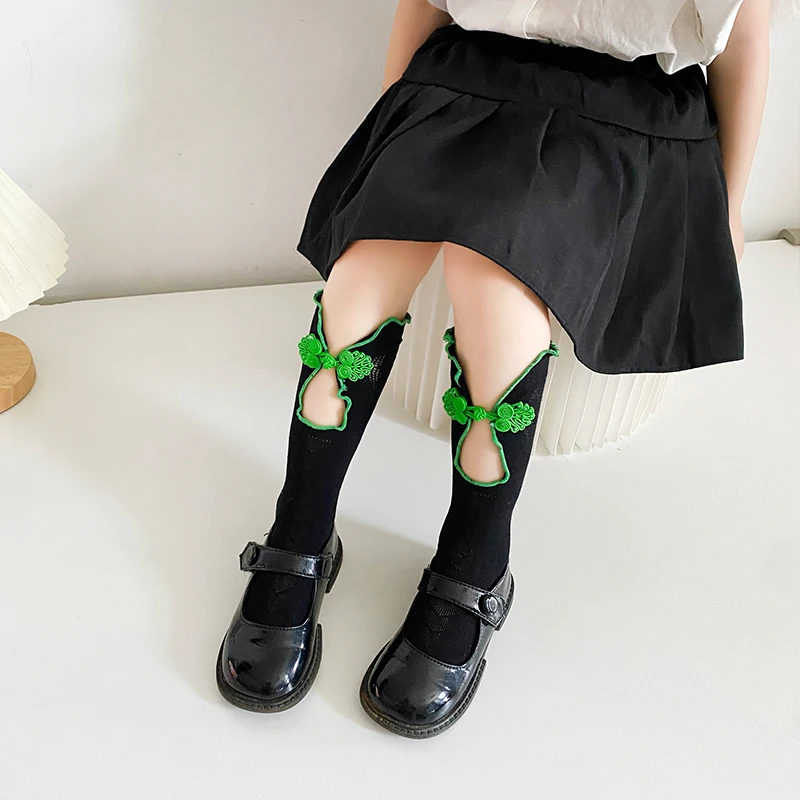 Spring Summer Thin Lolita Mid Calf Socks With Chinese Style Cheongsam Button And Lace Trim Breathable Elastic Knit Retro Hosiery