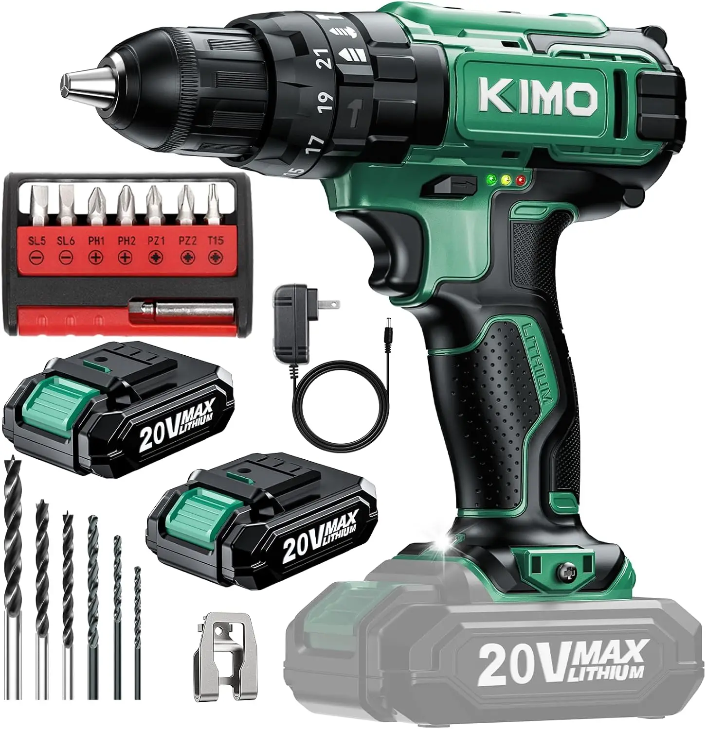 

20V Cordless Hammer Drill Set with 350 In-lb Torque, 3/8" Chuck, 1350 RPM, 21+3 Position & 14pcs Bits for Concrete Brick Wall
