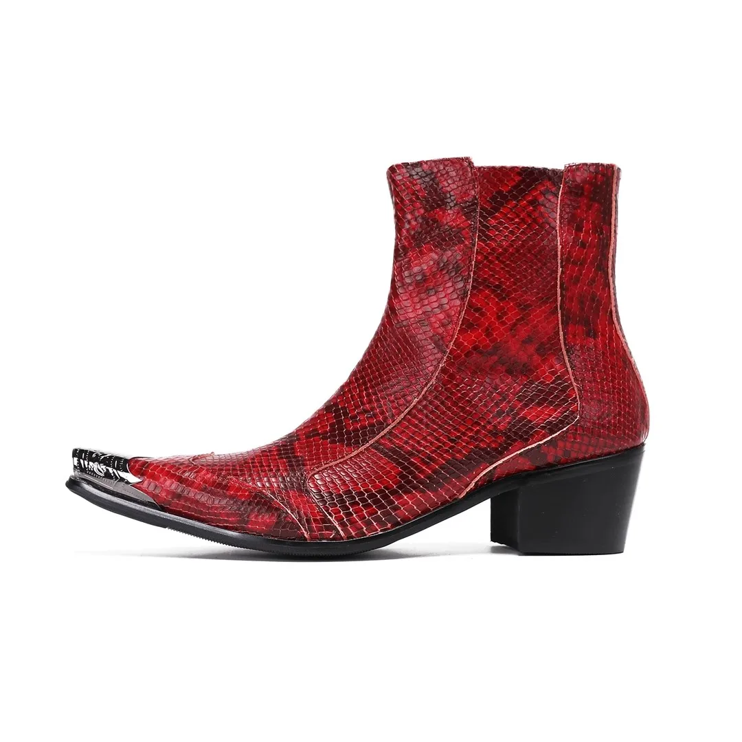 Male Trendy red snake pattern 7 cm high heel iron-head high-top shoes increased height Genuine Leather Chelsea Men Ankle Boots