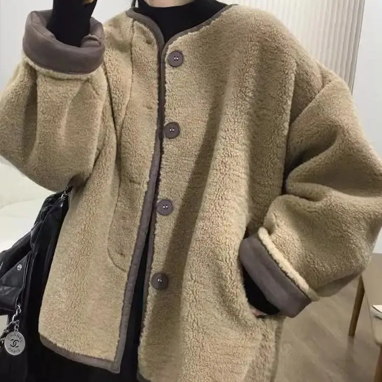 

Пальто женское зимнее утепленное из овечьего вельвета, свободного кроя, в корейском стиле, больших размеров (до 300 фунтов), с цветными блоками, повседневное, для полных женщин