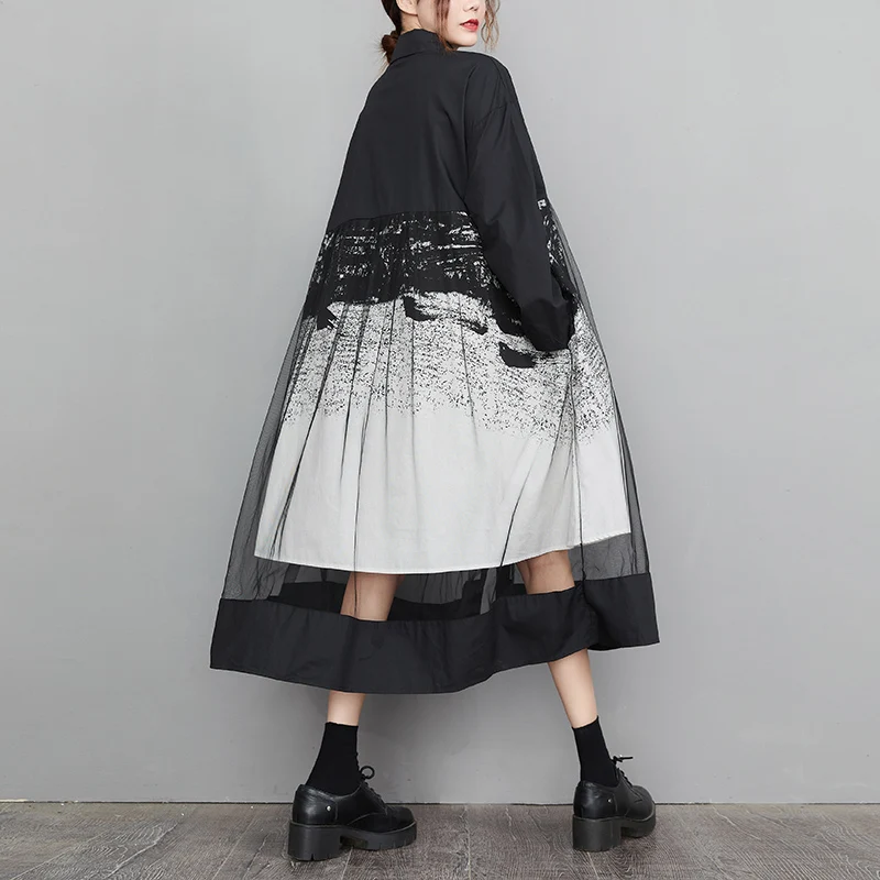 Mesh Patchwork Print Shirt Dresses For Women Long Sleeve Loose Casual Vintage Dress Fashion Elegant Clothing Spring Autumn 2026
