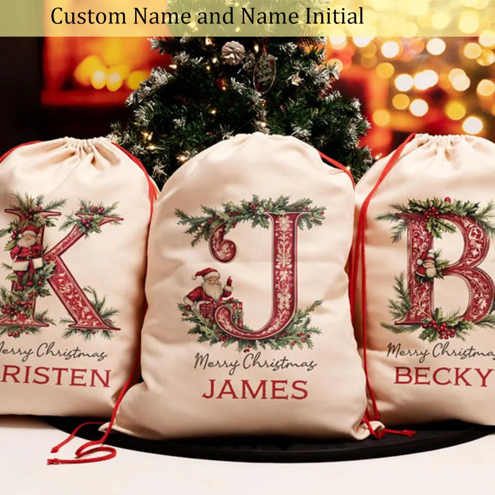 Saco de Papá Noel de Navidad, bolso de lona personalizado con nombre personalizado, patrón inicial, bolsa de regalo con cordón para niños, regalos navideños