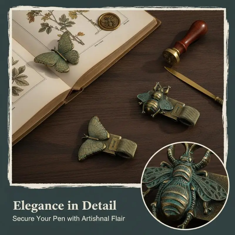 1pc Vintage Insect Metal Pen Clip, Spring Loaded Pen Holder For Notebook Journal Office School Stationery