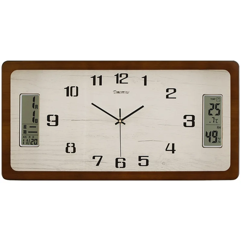 New solid wood wall clock, Chinese clock, living room silent perpetual calendar, quartz clock, simple and modern home clock