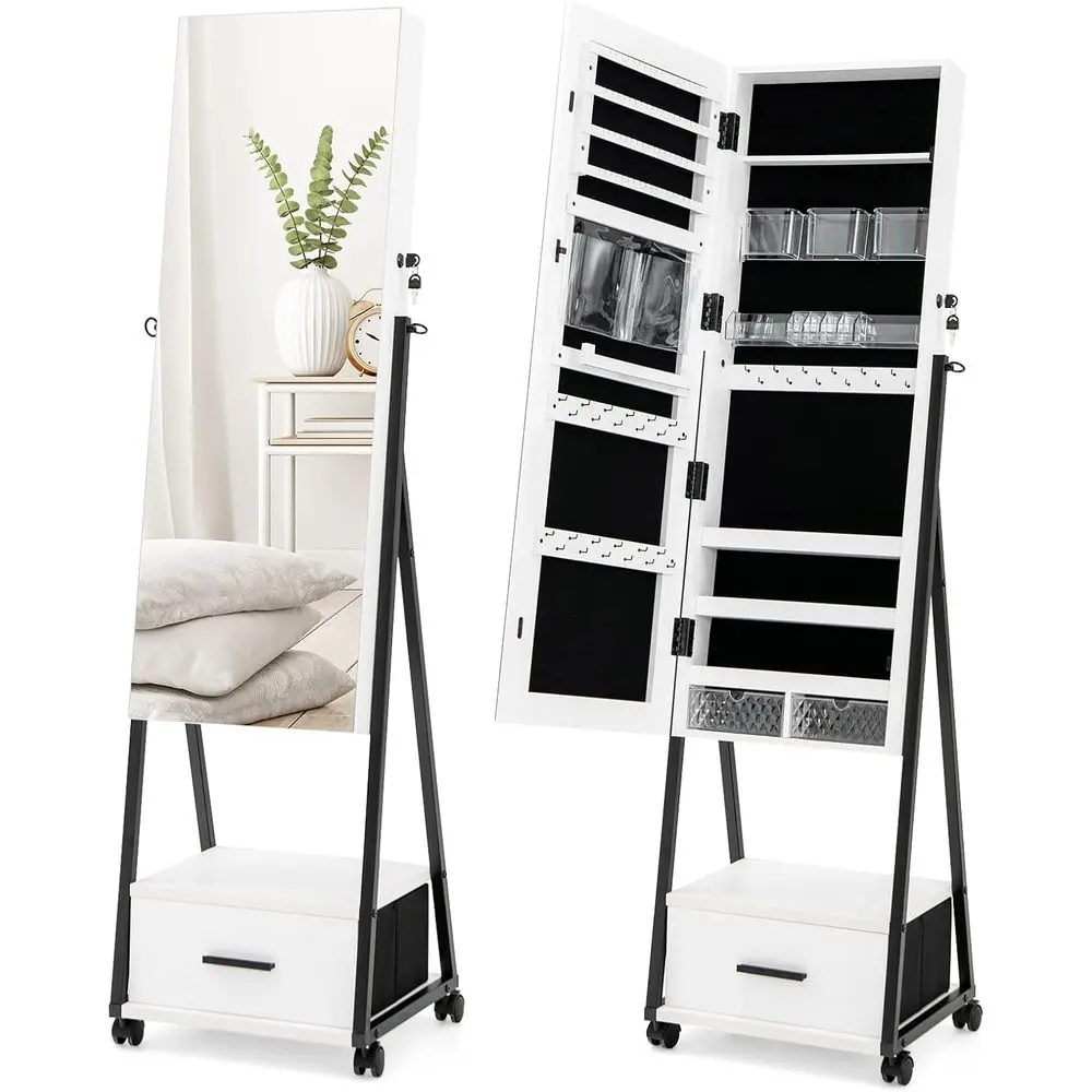 Wheeled Mirrored Cabinet with Full-Length Mirror and Lockable Storage for Women's Bedroom in White