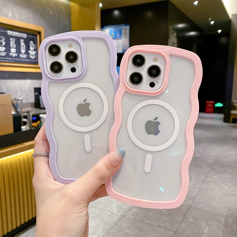 Transparent Candy Soft Wavy Lines Phone Case For iphone 15 11 12 13 14 Pro Max Magsafe Wireless Charge Magnetic Cover