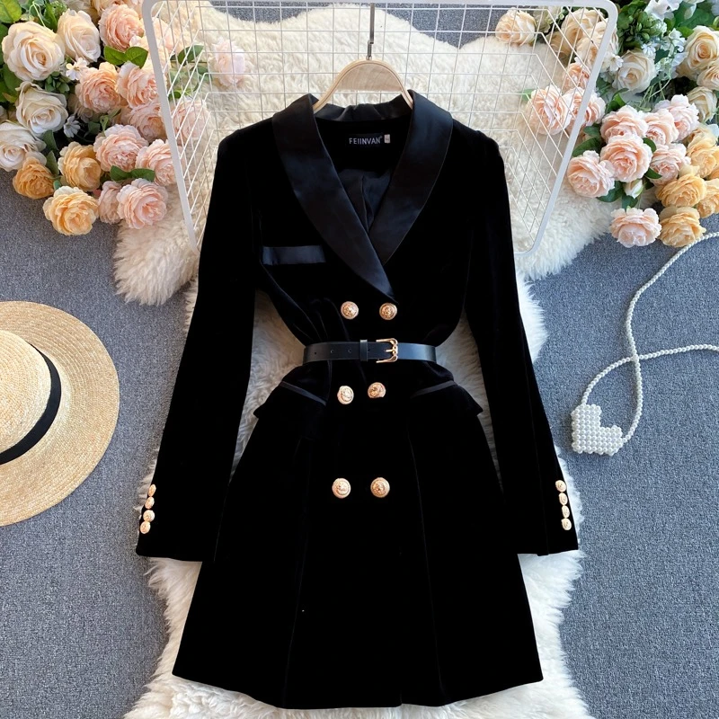 

Women's Velvet Dress 2024 New Women's Notched Collar British Style Double Breasted Slim Dress