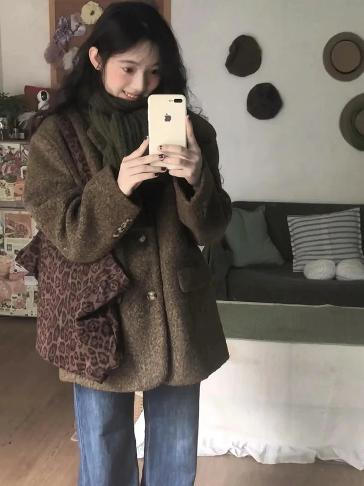 

Korean Sle Vintage High-End Suit Woolen Coat Women Winter New Loose ortened Tweed Jaet Polyester Fiber Thiened Long S...
