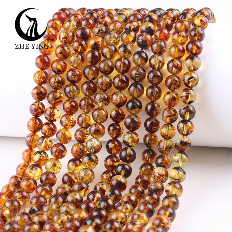 Zhe Ying Genuine Round Piebald Amber Beads Loose Natural Healing Power Stone Beads for Jewelry Making Bracelet Diy Accessories