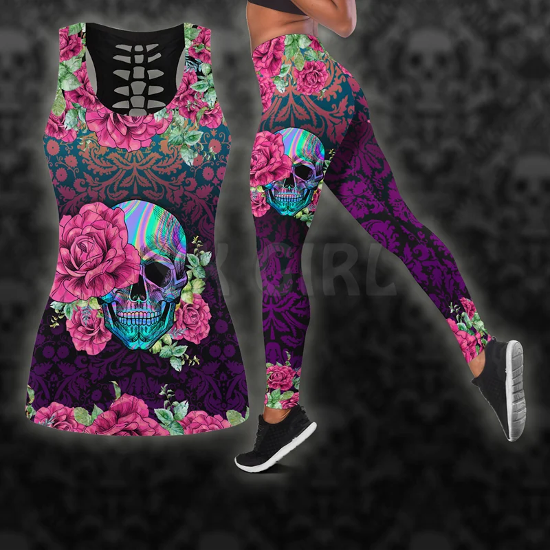 

Skull Pink On Black Combo Tanktop + Legging 3D Printed Tank Top+Legging Combo Outfit Yoga Fitness Legging Women