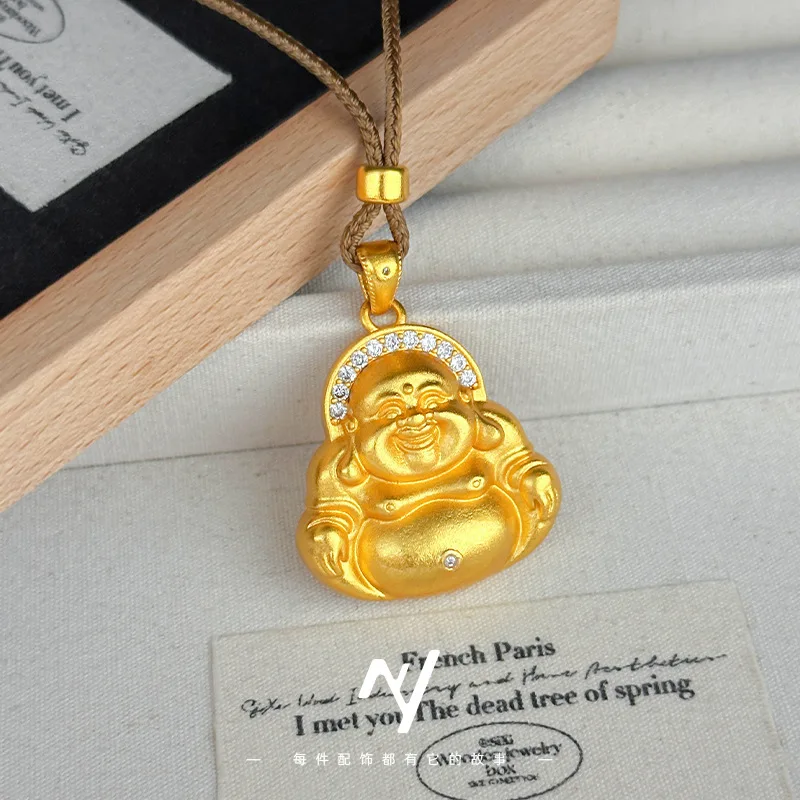 

999 real gold Maitreya Buddha pendant with a smiling Face, inlaid with a big-belly Buddha, gold Buddha woven rope necklace