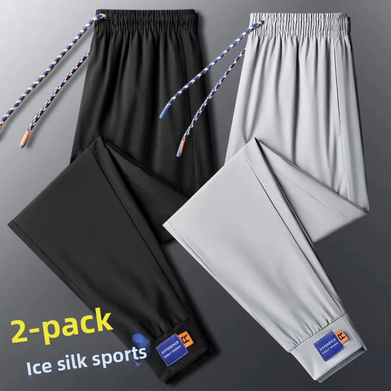 

High-End Silky Dstring Sports Pants Men's Summer Ultra-Thin Ice Silk Qui-Drng Casual Pants Tight Fit Cuffed Trousers