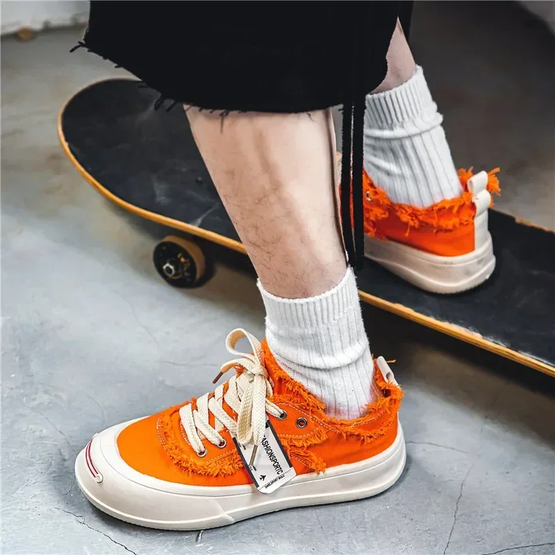 Orange Canvas Shoes Men Casual Platform Shoes Designer Mens Canvas Sneakers Street Vulcanized Shoes Men Zapatillas Hombre Male