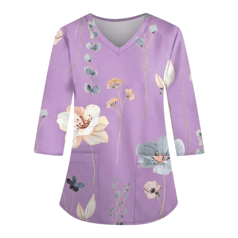 Clinical Uniform Woman Floral Print V-Neck Stretchy Sanitary Dental Uniform Long Sleeve Top Wholesal Medico Nurse Uniform Woman