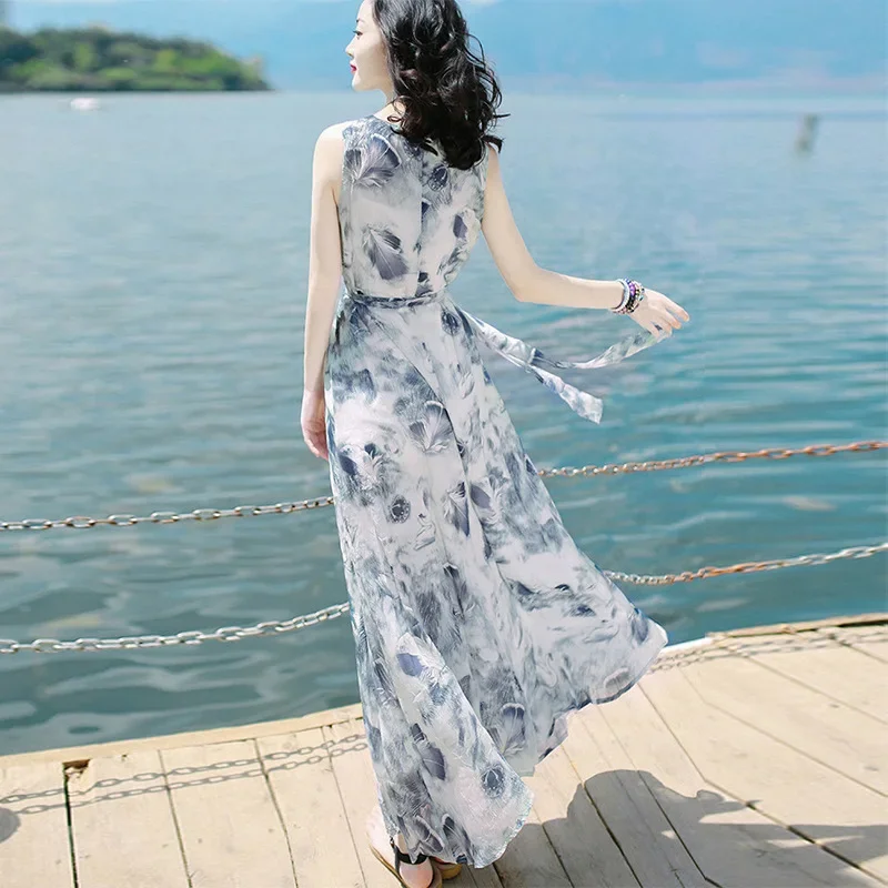 New Temperament Women's Beach Dress High-end Ink Painting Vest Long Dress Bohemian Dress